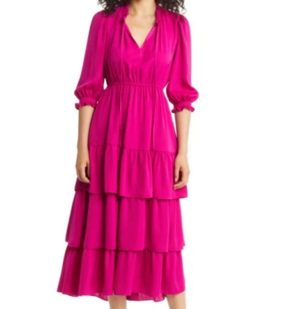 New MELLODAY Ruffle Tiered Satin Midi Dress in Magenta at Nordstrom
